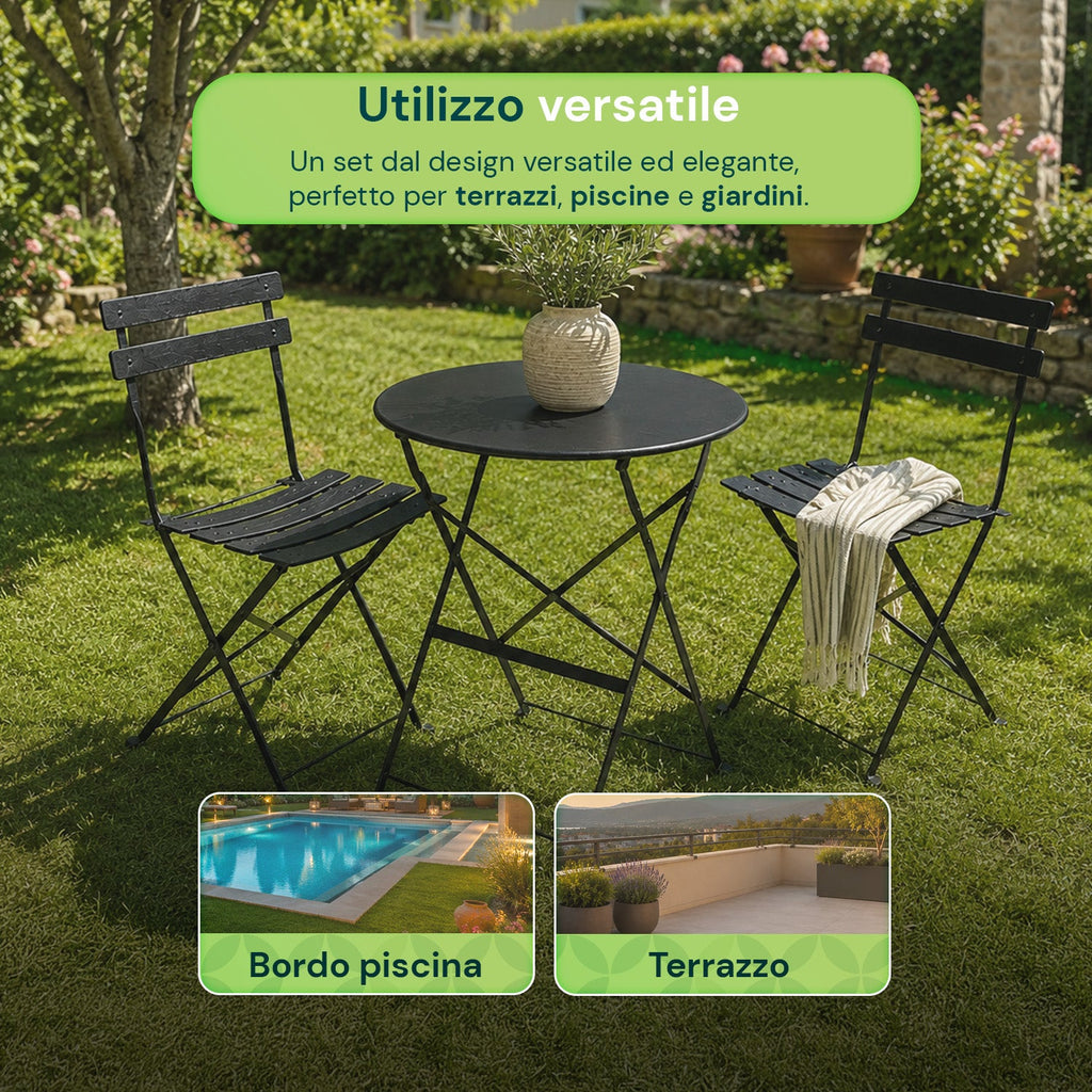 Set Tavolo e 2 Sedie Pieghevoli in Ferro da Giardino – Tavolo Rotondo ø 60cm e 2 Sedie Salvaspazio – Portata 150kg/100kg