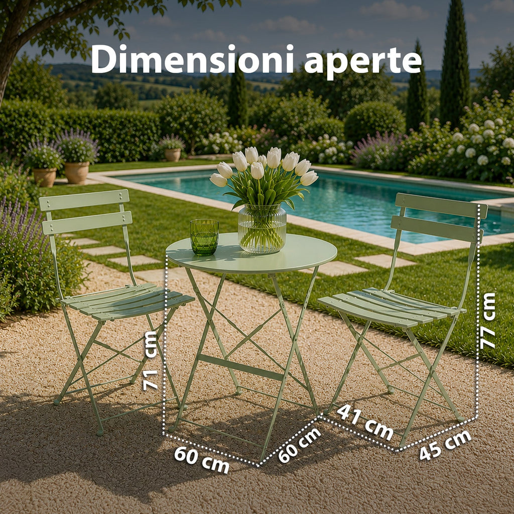 Set Tavolo e 2 Sedie Pieghevoli in Ferro da Giardino – Tavolo Rotondo ø 60cm e 2 Sedie Salvaspazio – Portata 150kg/100kg