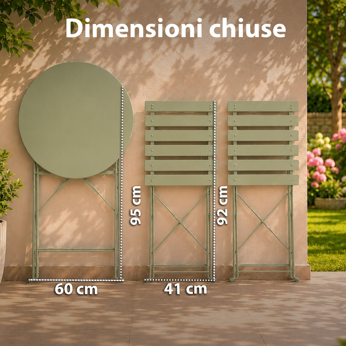 Set Tavolo e 2 Sedie Pieghevoli in Ferro da Giardino – Tavolo Rotondo ø 60cm e 2 Sedie Salvaspazio – Portata 150kg/100kg