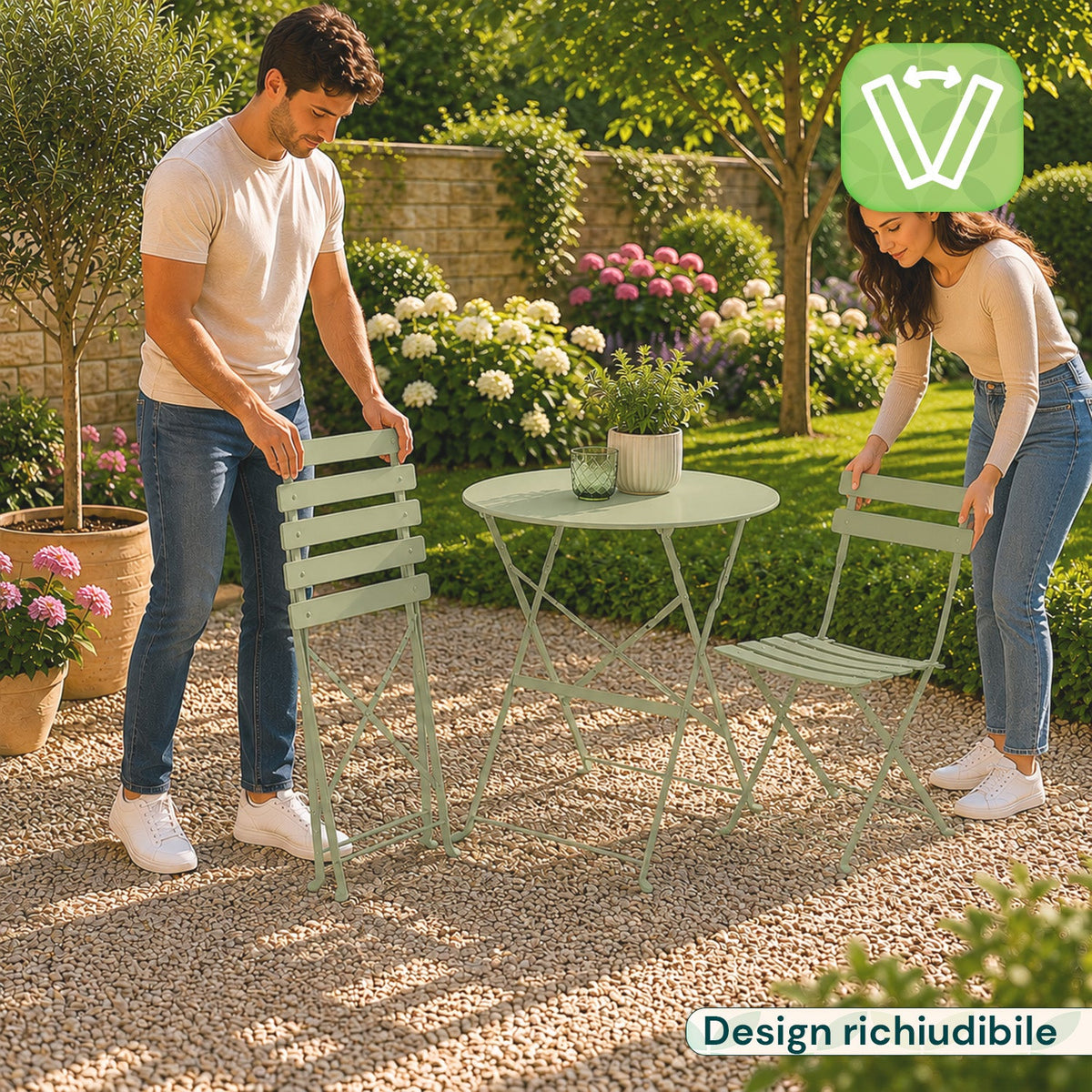 Set Tavolo e 2 Sedie Pieghevoli in Ferro da Giardino – Tavolo Rotondo ø 60cm e 2 Sedie Salvaspazio – Portata 150kg/100kg