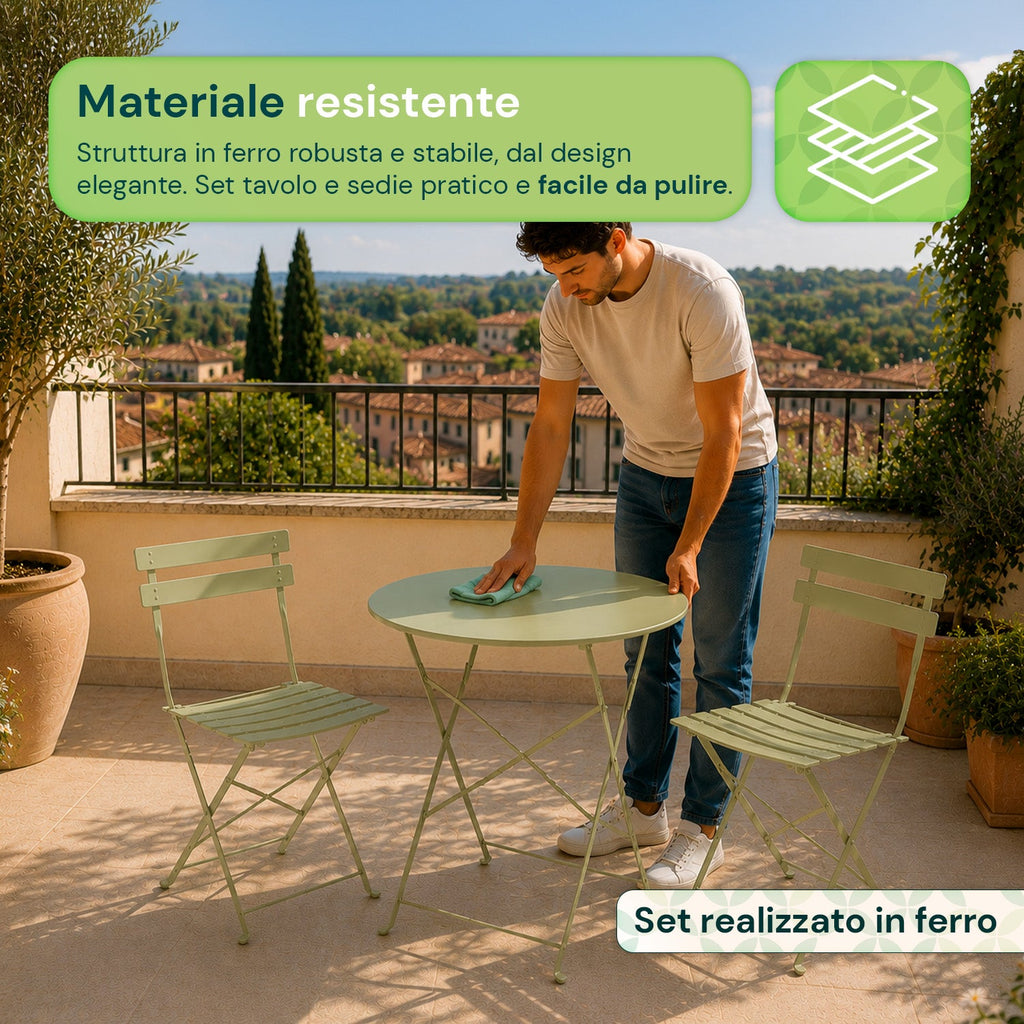 Set Tavolo e 2 Sedie Pieghevoli in Ferro da Giardino – Tavolo Rotondo ø 60cm e 2 Sedie Salvaspazio – Portata 150kg/100kg