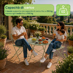 Set Tavolo e 2 Sedie Pieghevoli in Ferro da Giardino – Tavolo Rotondo ø 60cm e 2 Sedie Salvaspazio – Portata 150kg/100kg