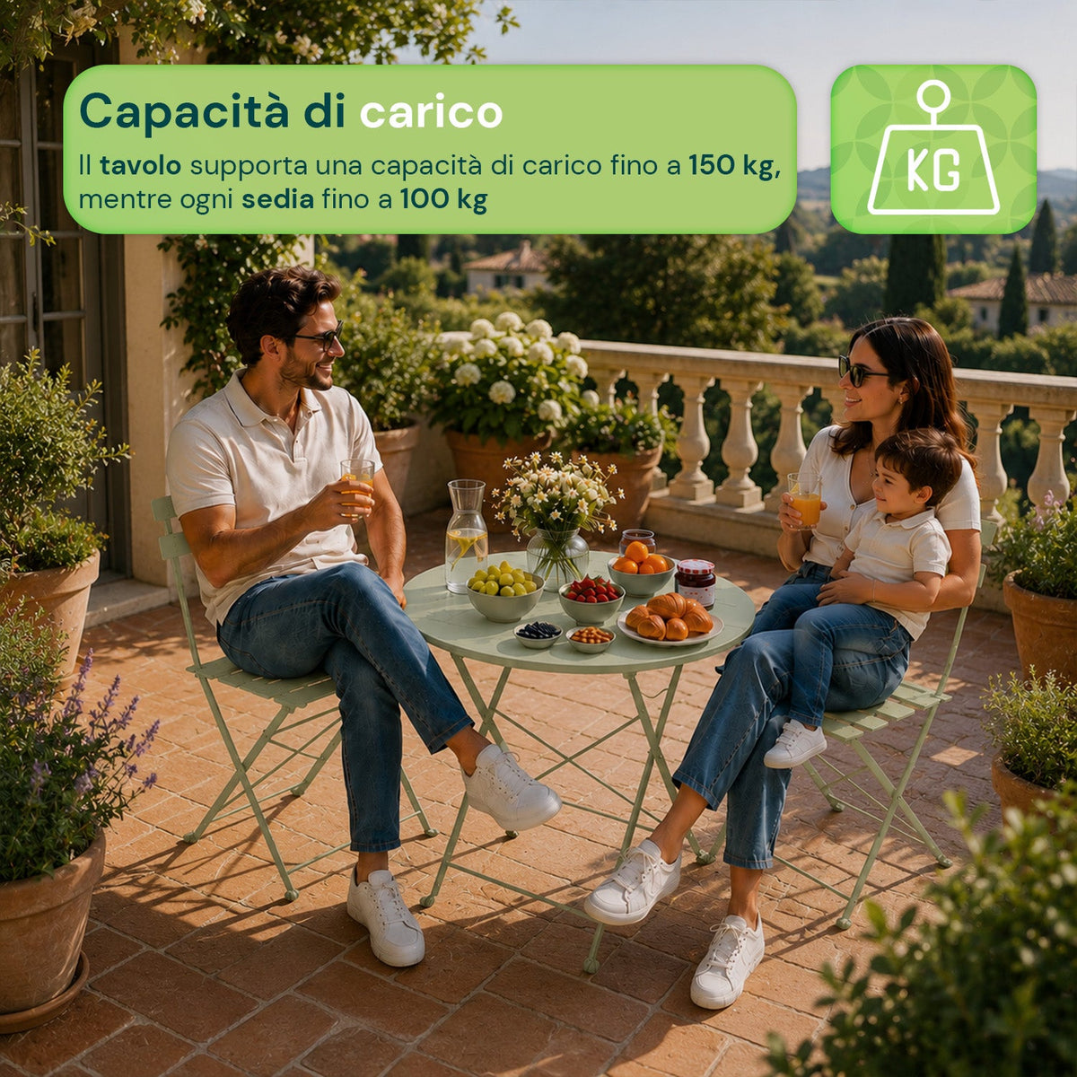 Set Tavolo e 2 Sedie Pieghevoli in Ferro da Giardino – Tavolo Rotondo ø 60cm e 2 Sedie Salvaspazio – Portata 150kg/100kg