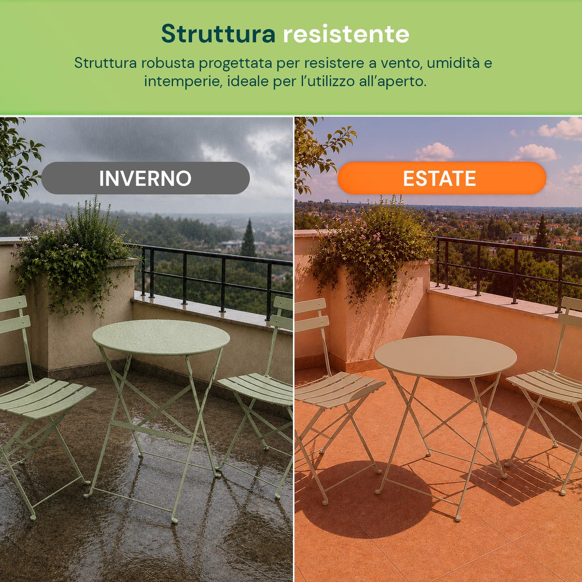Set Tavolo e 2 Sedie Pieghevoli in Ferro da Giardino – Tavolo Rotondo ø 60cm e 2 Sedie Salvaspazio – Portata 150kg/100kg