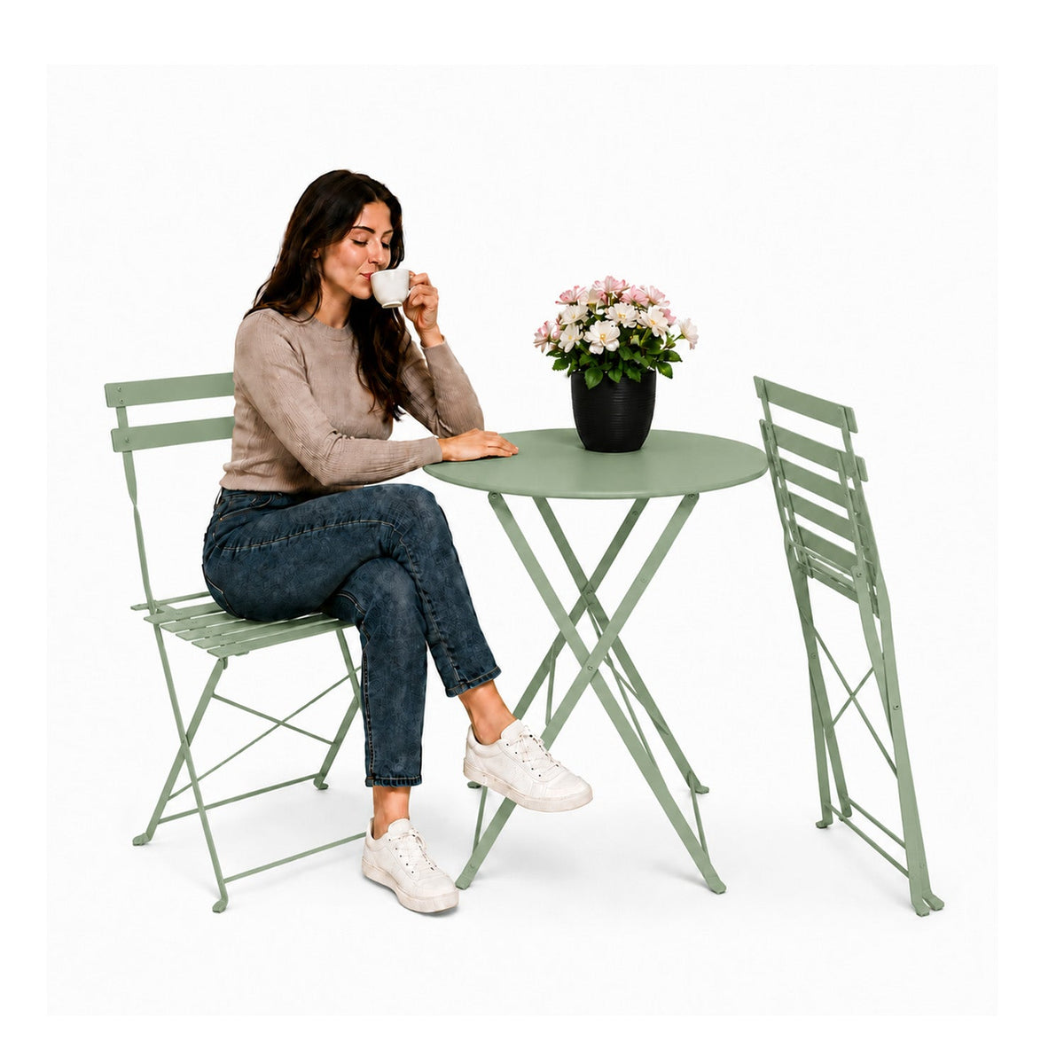 Set Tavolo e 2 Sedie Pieghevoli in Ferro da Giardino – Tavolo Rotondo ø 60cm e 2 Sedie Salvaspazio – Portata 150kg/100kg