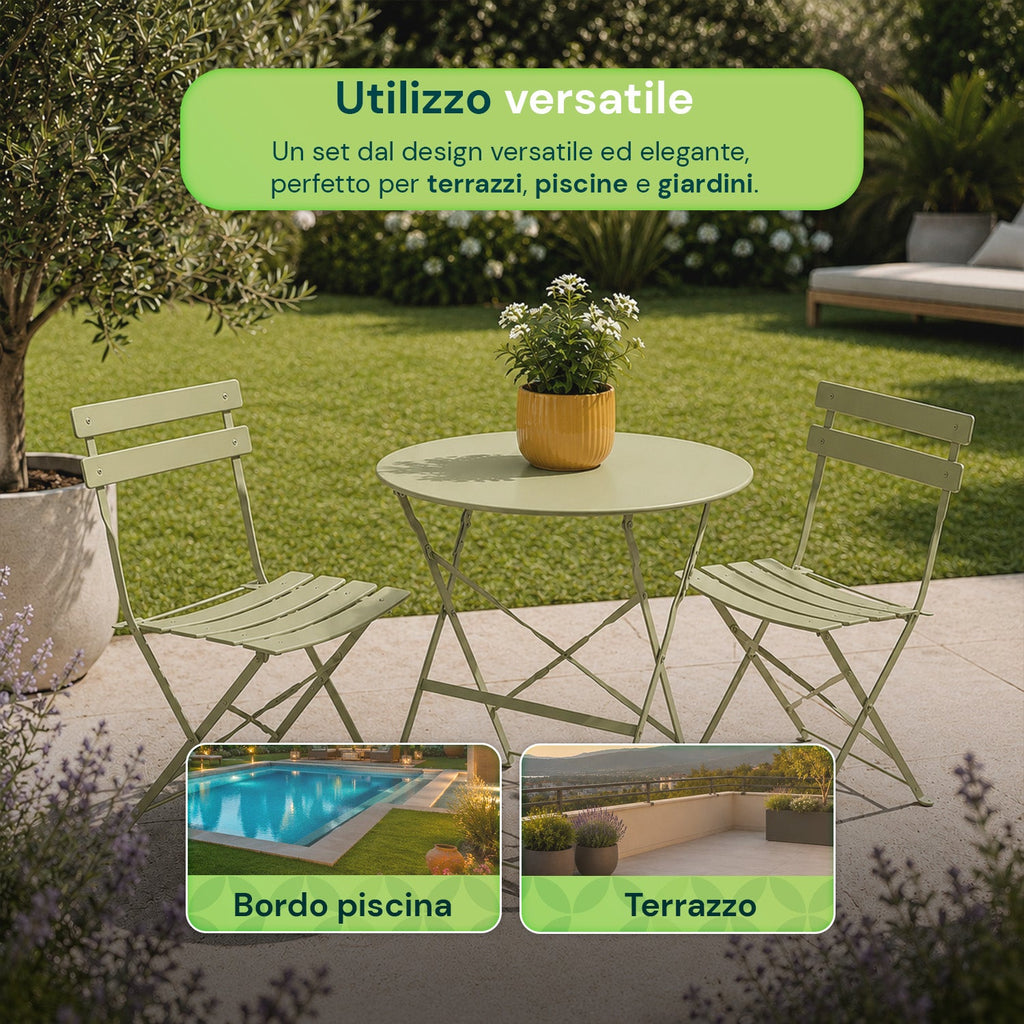 Set Tavolo e 2 Sedie Pieghevoli in Ferro da Giardino – Tavolo Rotondo ø 60cm e 2 Sedie Salvaspazio – Portata 150kg/100kg