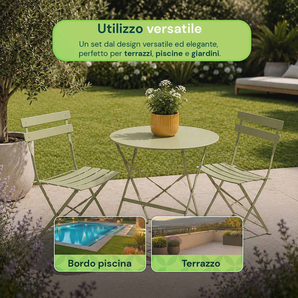 Set Tavolo e 2 Sedie Pieghevoli in Ferro da Giardino – Tavolo Rotondo ø 60cm e 2 Sedie Salvaspazio – Portata 150kg/100kg