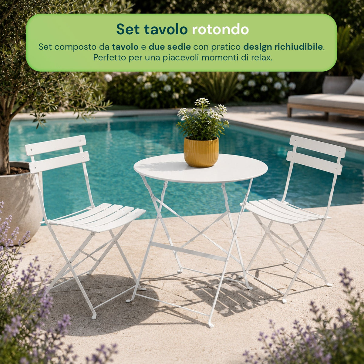 Set Tavolo e 2 Sedie Pieghevoli in Ferro da Giardino – Tavolo Rotondo ø 60cm e 2 Sedie Salvaspazio – Portata 150kg/100kg