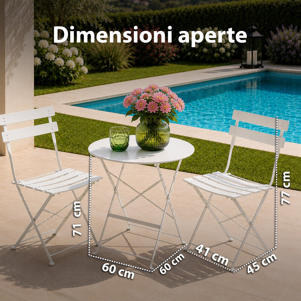 Set Tavolo e 2 Sedie Pieghevoli in Ferro da Giardino – Tavolo Rotondo ø 60cm e 2 Sedie Salvaspazio – Portata 150kg/100kg