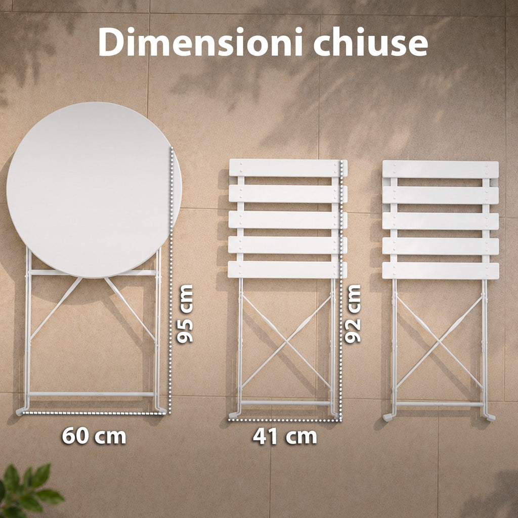 Set Tavolo e 2 Sedie Pieghevoli in Ferro da Giardino – Tavolo Rotondo ø 60cm e 2 Sedie Salvaspazio – Portata 150kg/100kg