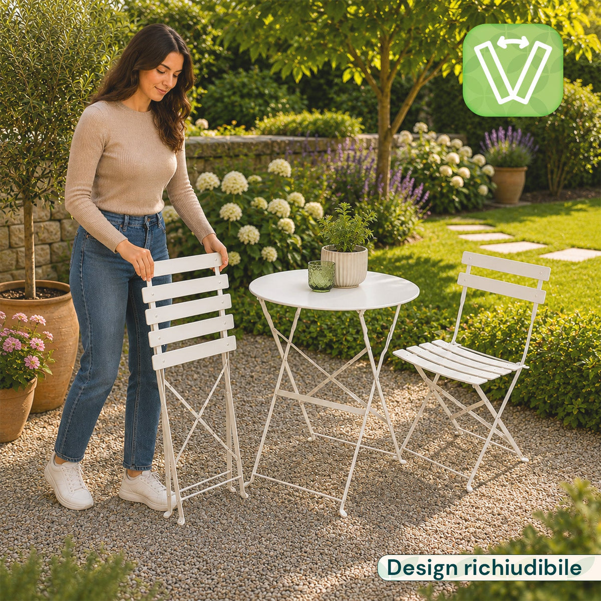 Set Tavolo e 2 Sedie Pieghevoli in Ferro da Giardino – Tavolo Rotondo ø 60cm e 2 Sedie Salvaspazio – Portata 150kg/100kg