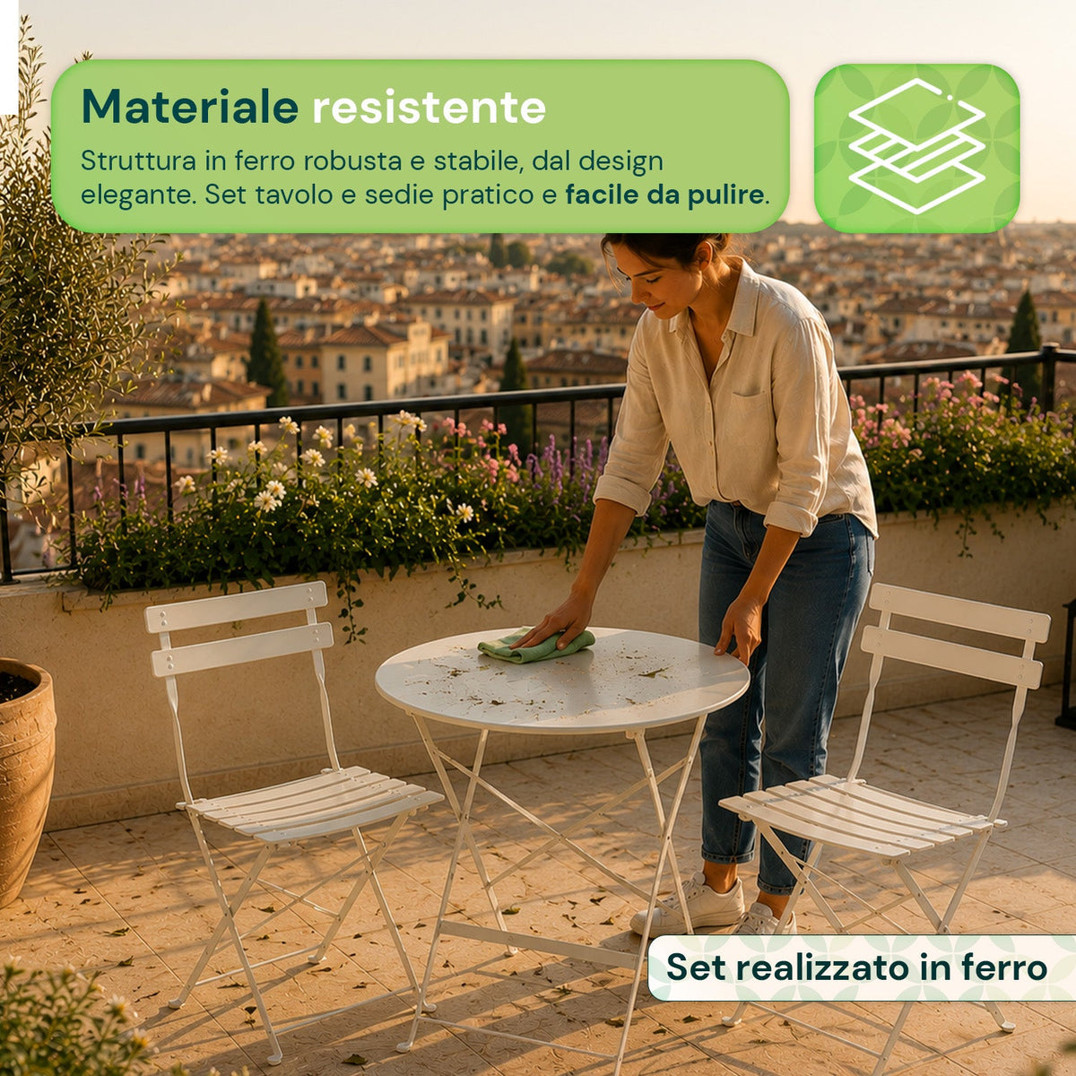 Set Tavolo e 2 Sedie Pieghevoli in Ferro da Giardino – Tavolo Rotondo ø 60cm e 2 Sedie Salvaspazio – Portata 150kg/100kg