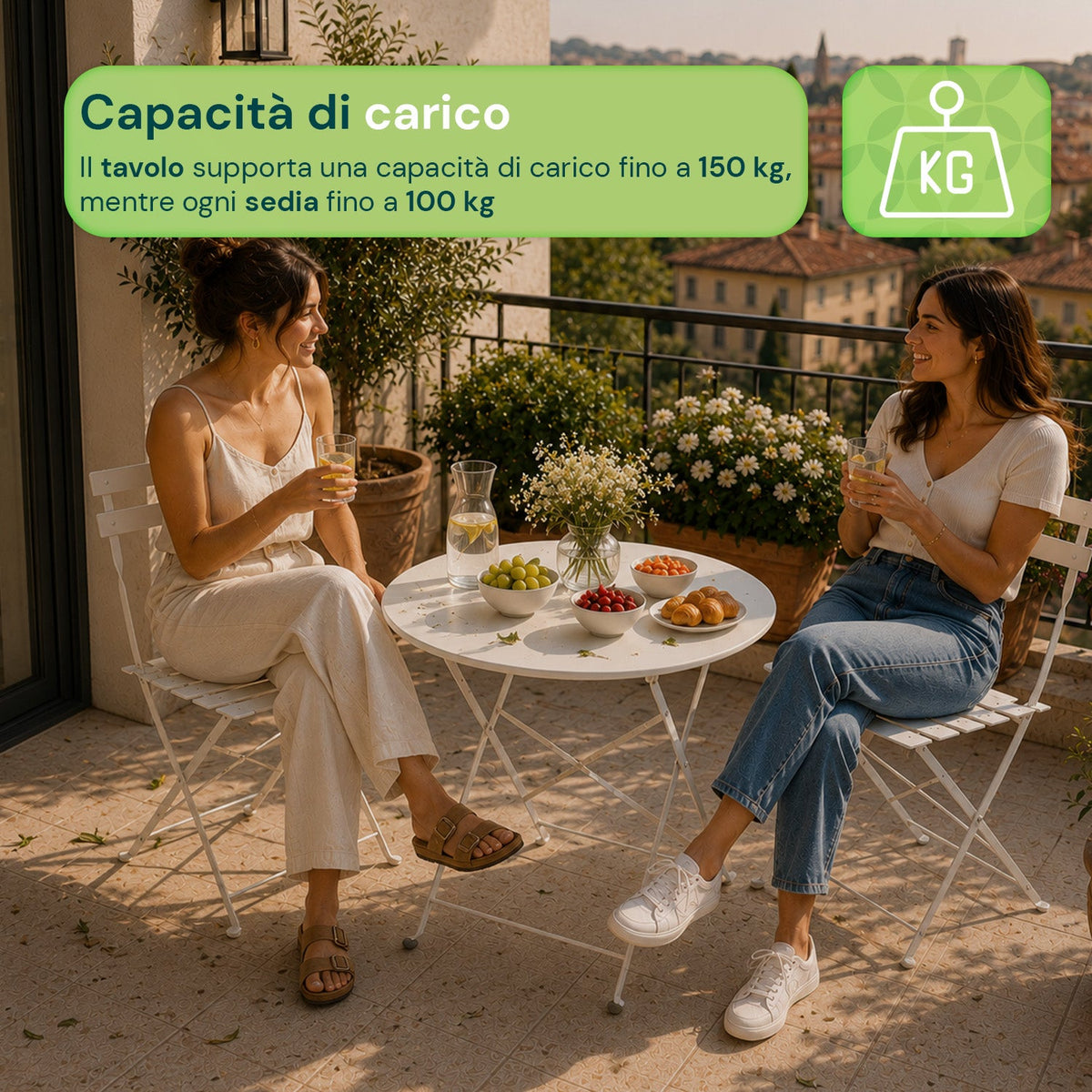 Set Tavolo e 2 Sedie Pieghevoli in Ferro da Giardino – Tavolo Rotondo ø 60cm e 2 Sedie Salvaspazio – Portata 150kg/100kg