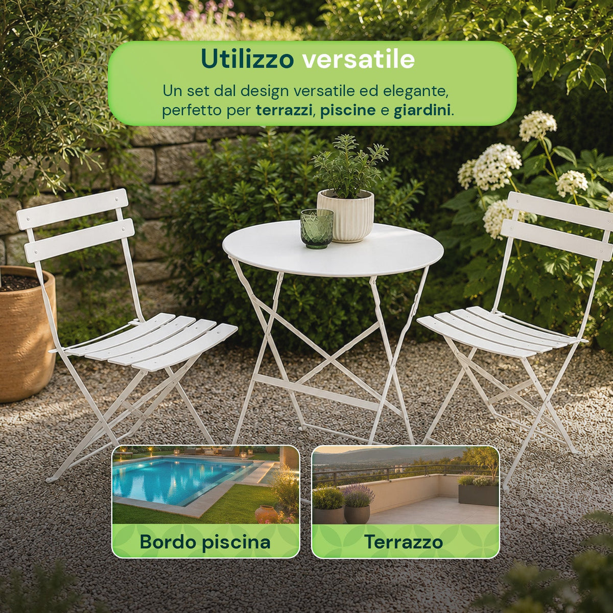 Set Tavolo e 2 Sedie Pieghevoli in Ferro da Giardino – Tavolo Rotondo ø 60cm e 2 Sedie Salvaspazio – Portata 150kg/100kg