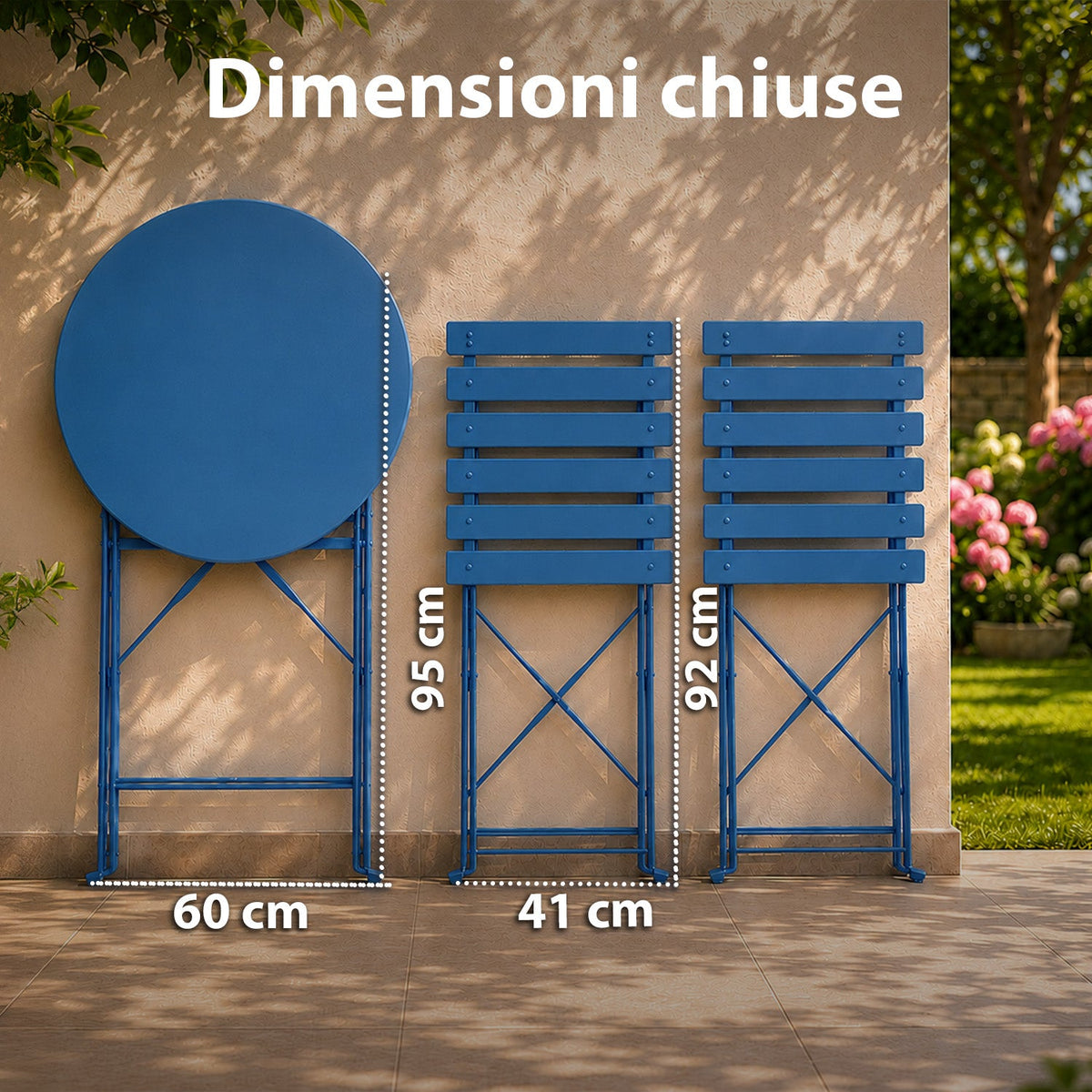 Set Tavolo e 2 Sedie Pieghevoli in Ferro da Giardino – Tavolo Rotondo ø 60cm e 2 Sedie Salvaspazio – Portata 150kg/100kg