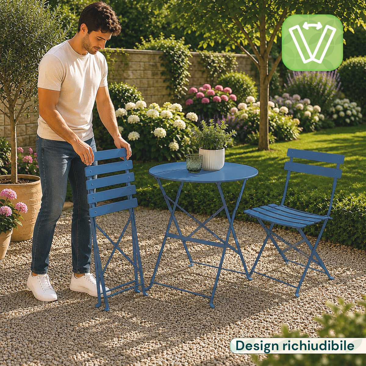 Set Tavolo e 2 Sedie Pieghevoli in Ferro da Giardino – Tavolo Rotondo ø 60cm e 2 Sedie Salvaspazio – Portata 150kg/100kg