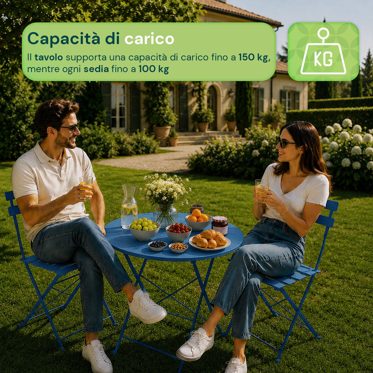 Set Tavolo e 2 Sedie Pieghevoli in Ferro da Giardino – Tavolo Rotondo ø 60cm e 2 Sedie Salvaspazio – Portata 150kg/100kg