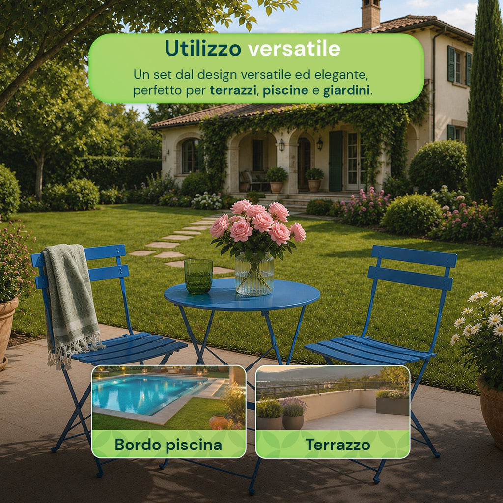 Set Tavolo e 2 Sedie Pieghevoli in Ferro da Giardino – Tavolo Rotondo ø 60cm e 2 Sedie Salvaspazio – Portata 150kg/100kg