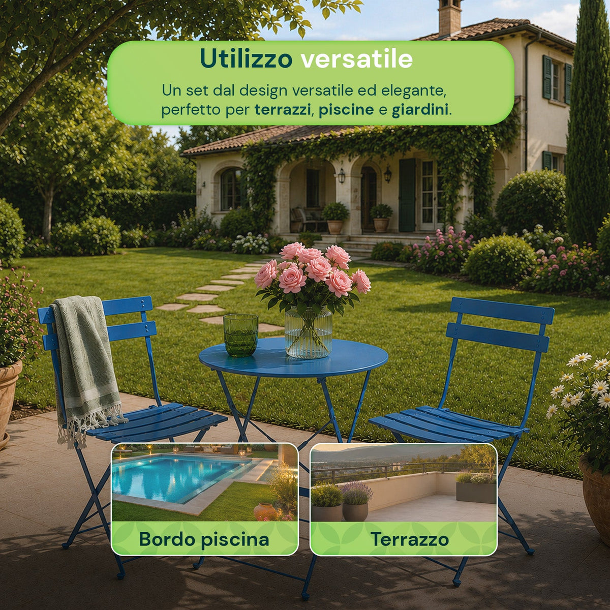 Set Tavolo e 2 Sedie Pieghevoli in Ferro da Giardino – Tavolo Rotondo ø 60cm e 2 Sedie Salvaspazio – Portata 150kg/100kg