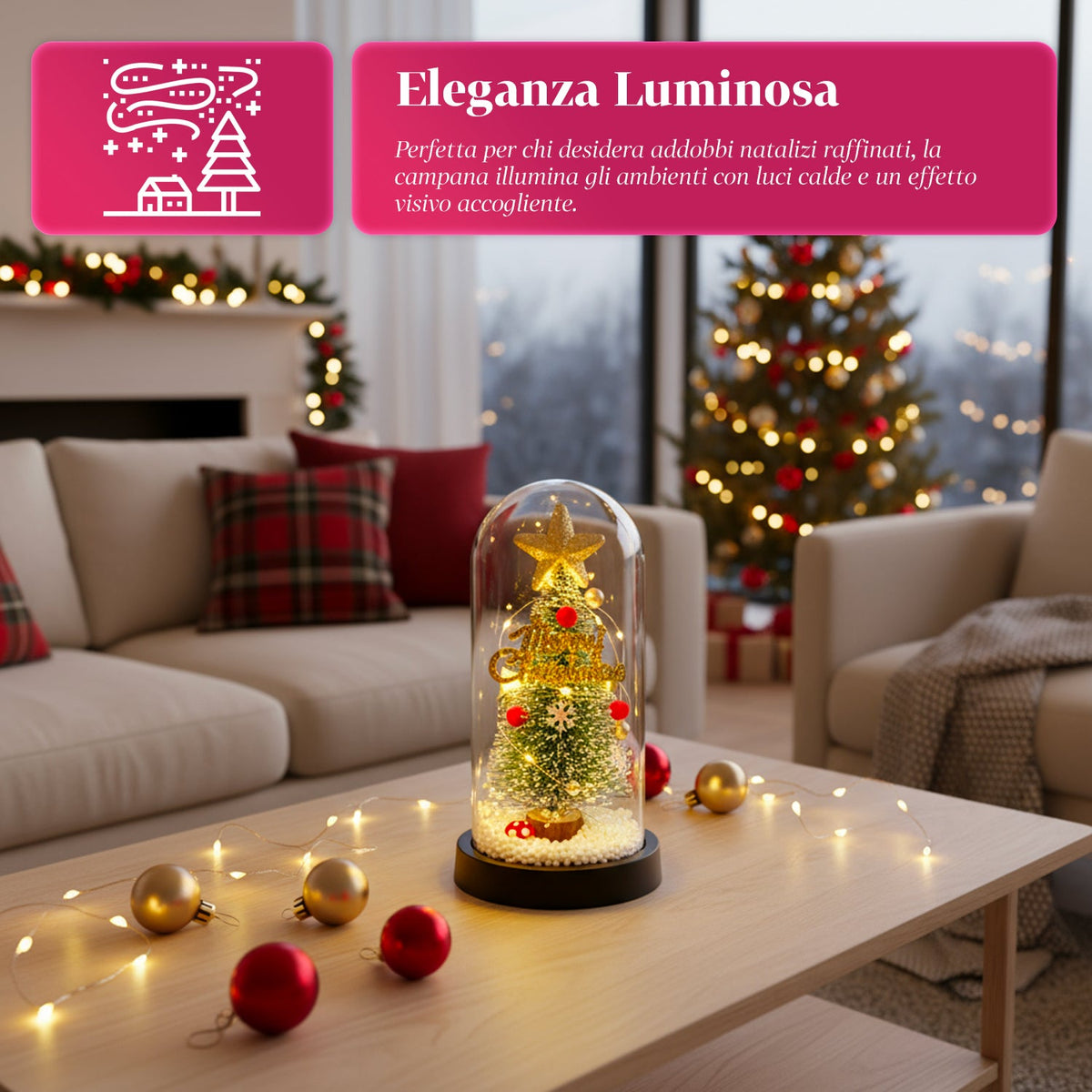 Albero di Natale Sotto Campana con Luci LED – Eleganza Natalizia Illuminata