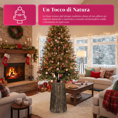 Base per albero di Natale a forma di tronco, effetto corteccia, 2 finiture, dimensioni 33,5x52,5 cm, per alberi fino a 240 cm, aggancio universale
