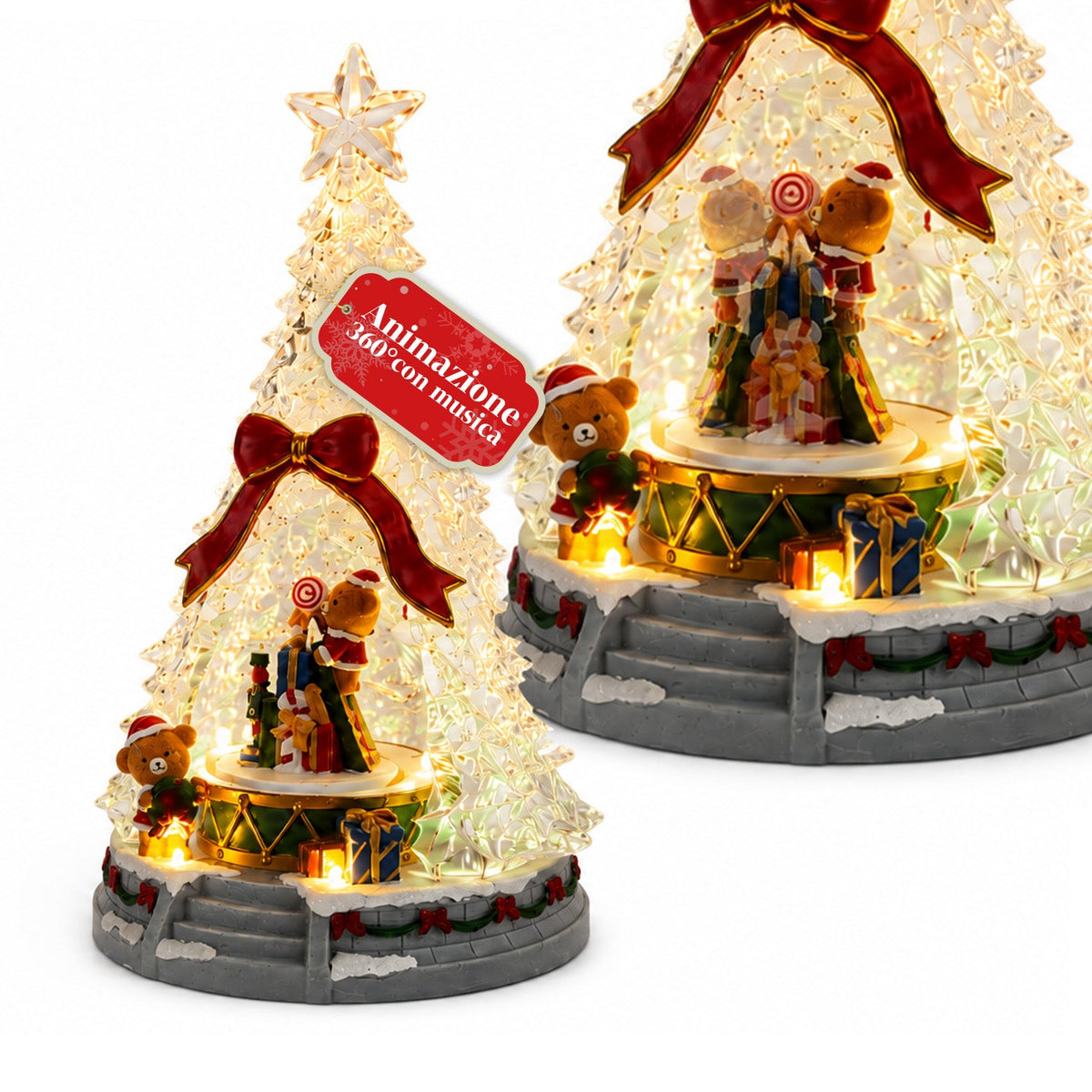 Albero di Natale luminoso JoyTree con musica e animazione a 360°, luci LED, scena con orsetti e schiaccianoci, doppia alimentazione USB, 32,5 cm