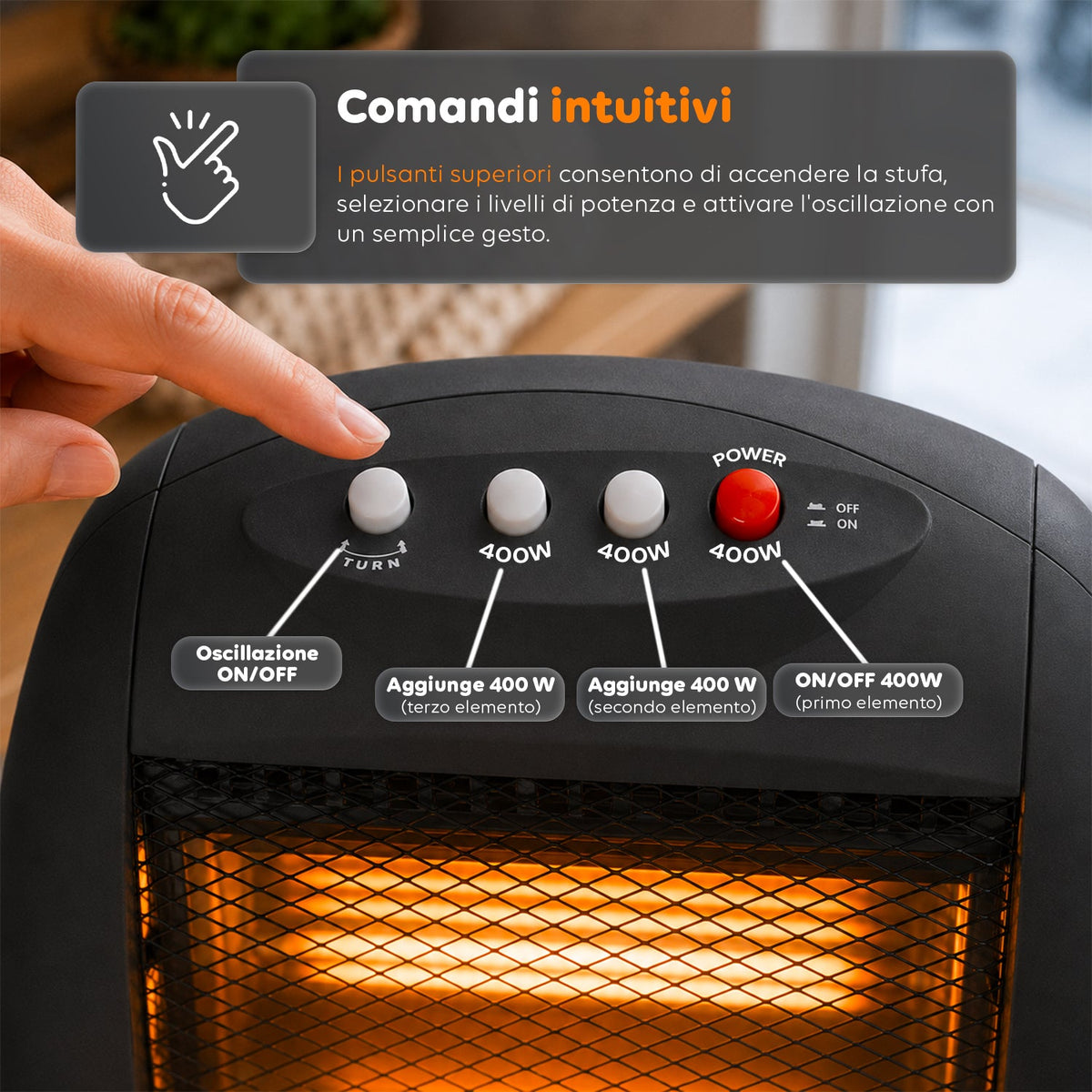 Tuck Stufa Alogena 1200W – 3 Elementi e Oscillazione Automatica