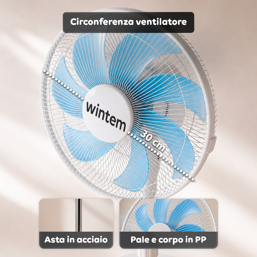 Ventilatore a Piantana 40W con 7 Pale in PP, 3 Velocità, Altezza Regolabile 80-100cm – Oscillazione Orizzontale 60° e Inclinazione 45°