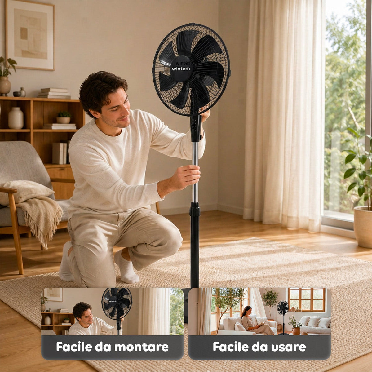 Ventilatore a Piantana 40W con 7 Pale in PP, 3 Velocità, Altezza Regolabile 80-100cm – Oscillazione Orizzontale 60° e Inclinazione 45°