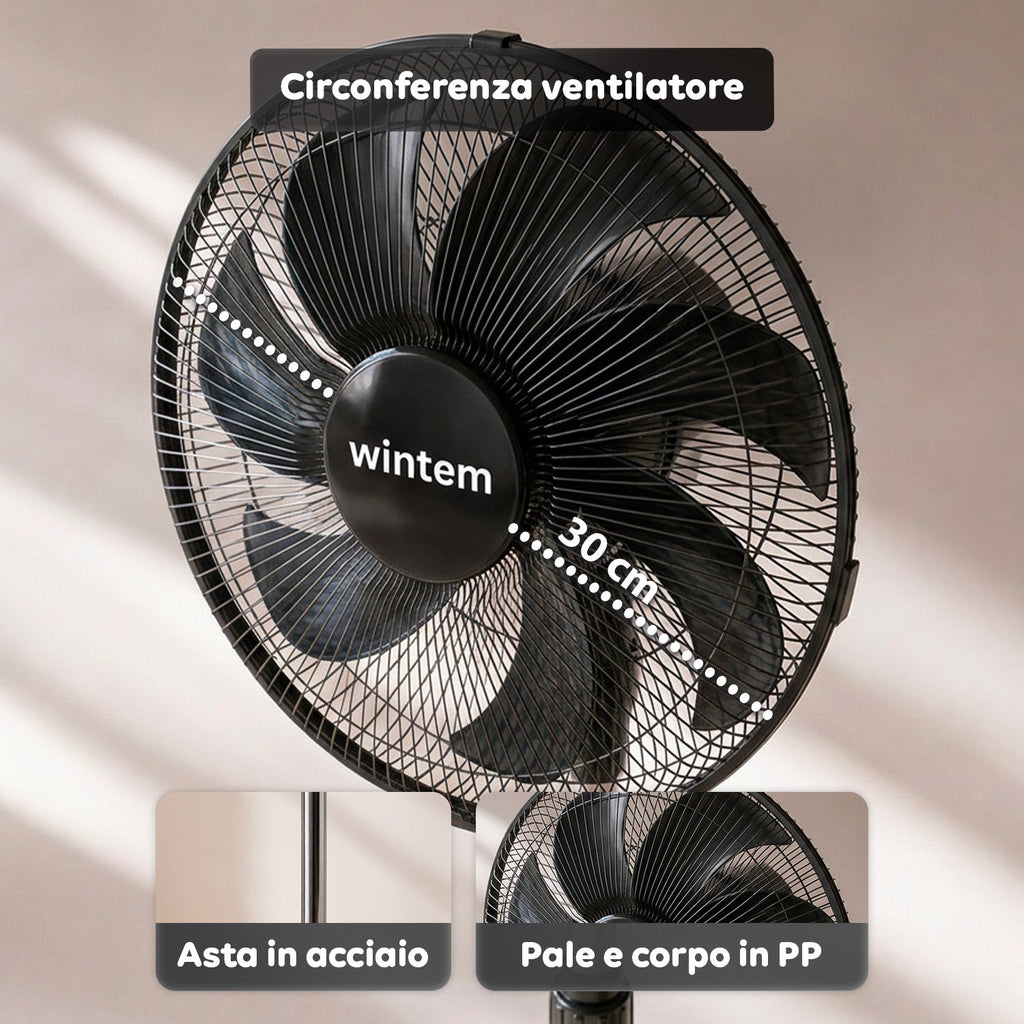 Ventilatore a Piantana 40W con 7 Pale in PP, 3 Velocità, Altezza Regolabile 80-100cm – Oscillazione Orizzontale 60° e Inclinazione 45°