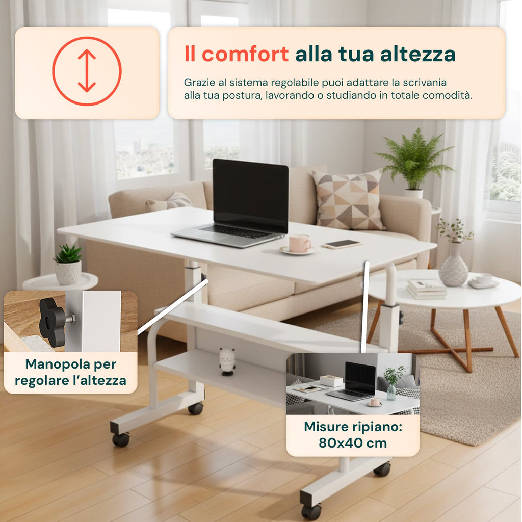 Scrivania mobile regolabile – Struttura in ferro e piano in MDF 80×40 cm