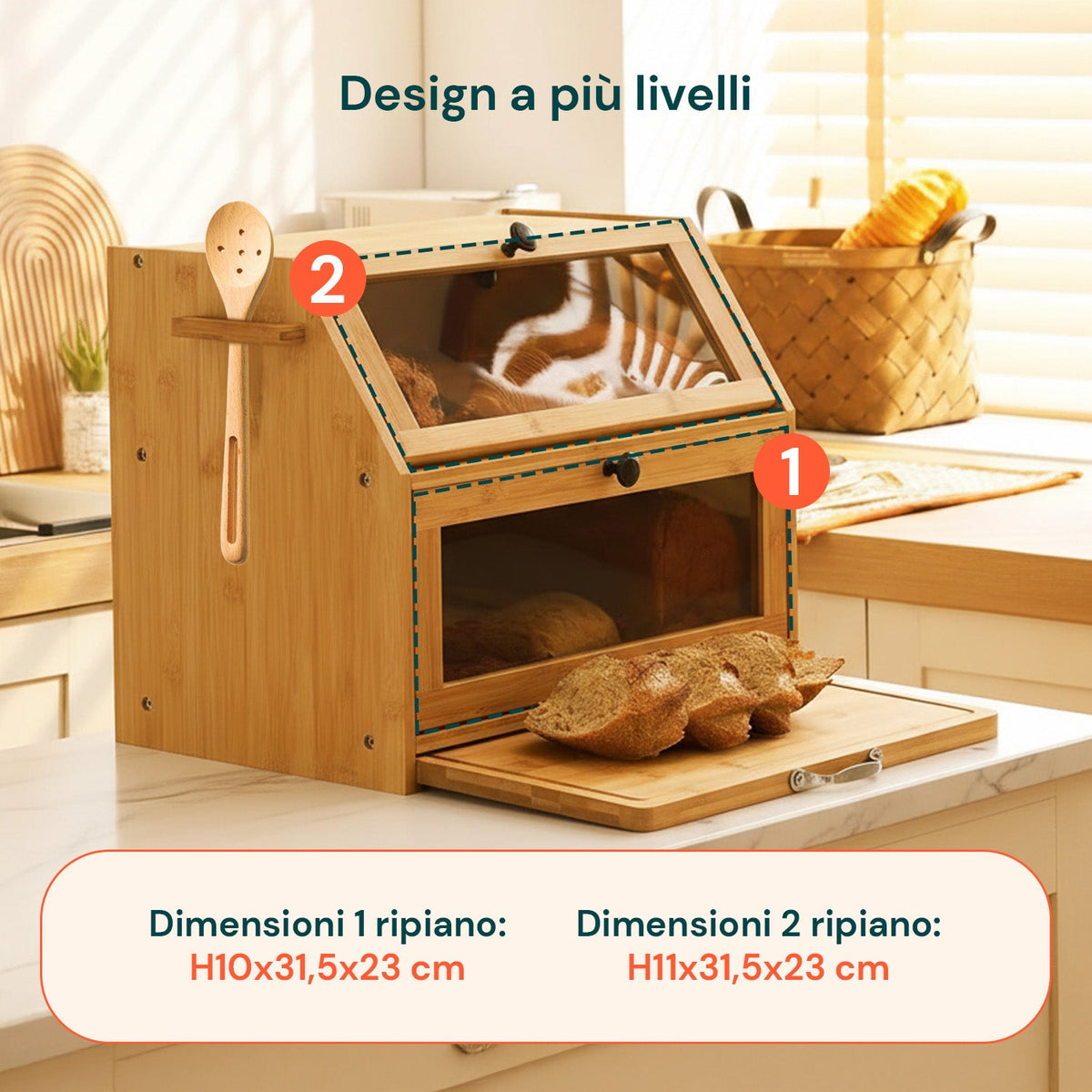 Dispensa in bambù a 2 ripiani con tagliere e vetrinette trasparenti