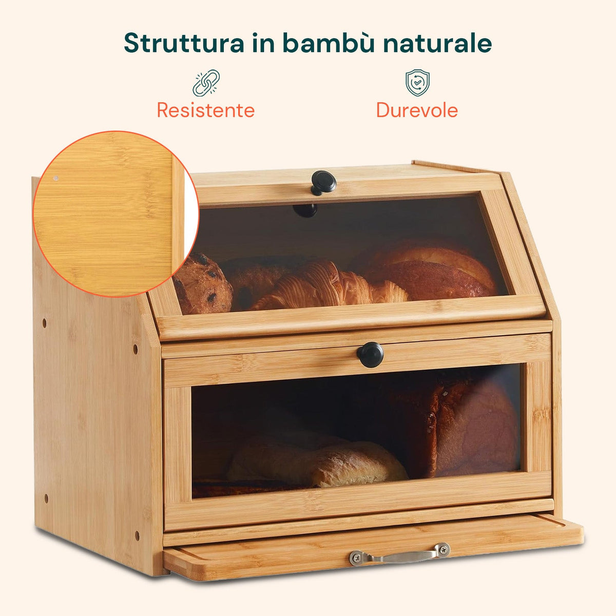 Dispensa in bambù a 2 ripiani con tagliere e vetrinette trasparenti
