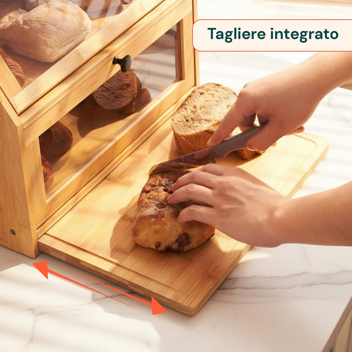 Dispensa in bambù a 2 ripiani con tagliere e vetrinette trasparenti