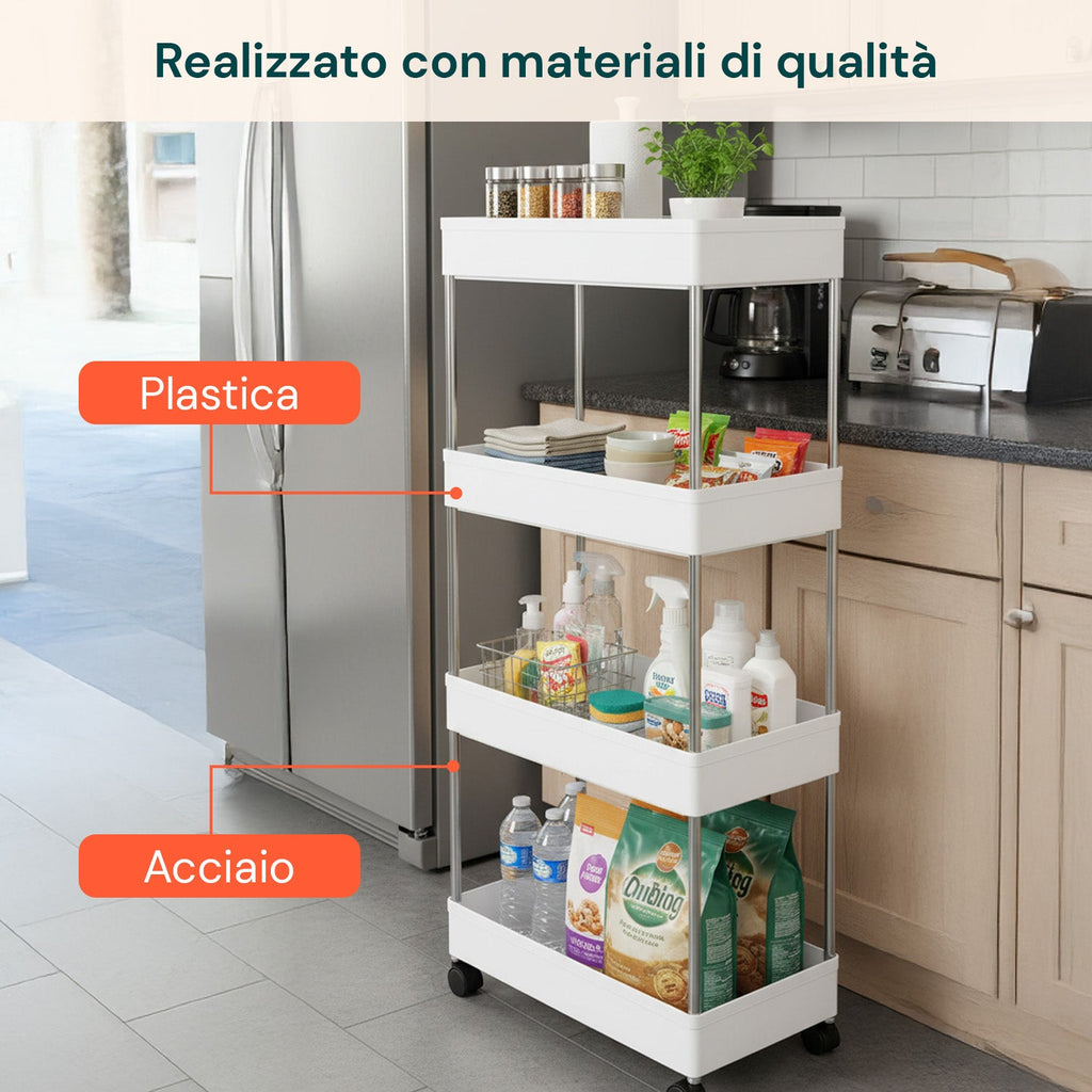 Carrello Multiuso Salvaspazio Bianco a 4 Ripiani per Cucina e Bagno con Ganci