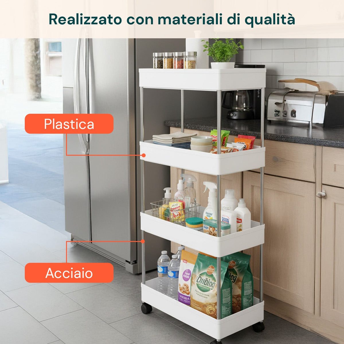 Carrello Multiuso Salvaspazio Bianco a 4 Ripiani per Cucina e Bagno con Ganci