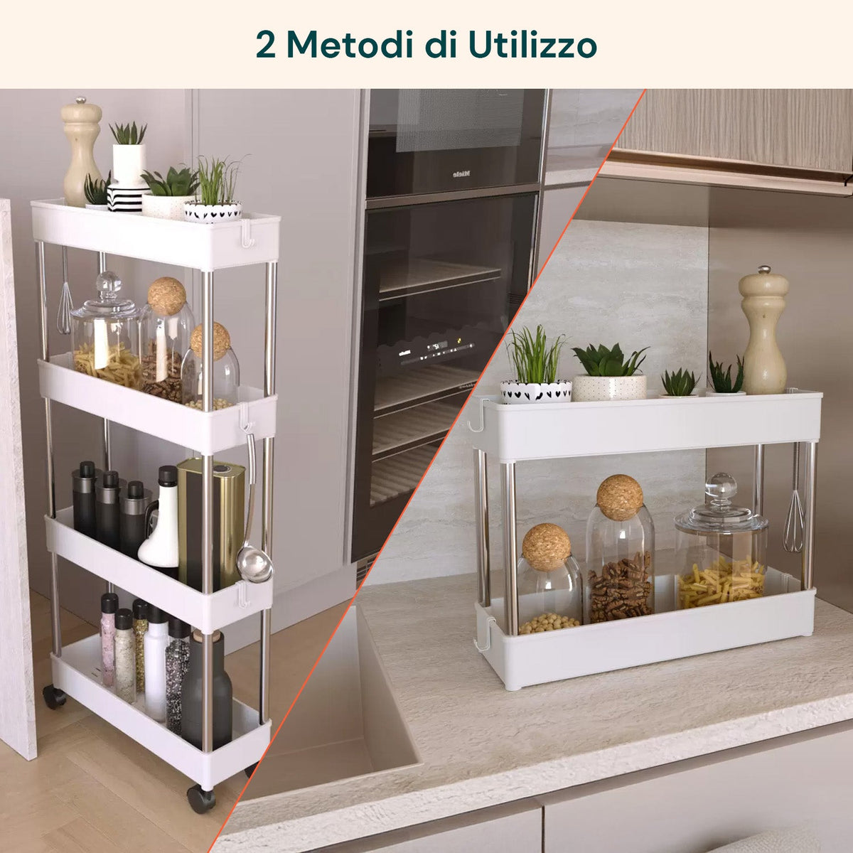 Carrello Multiuso Salvaspazio Bianco a 4 Ripiani per Cucina e Bagno con Ganci