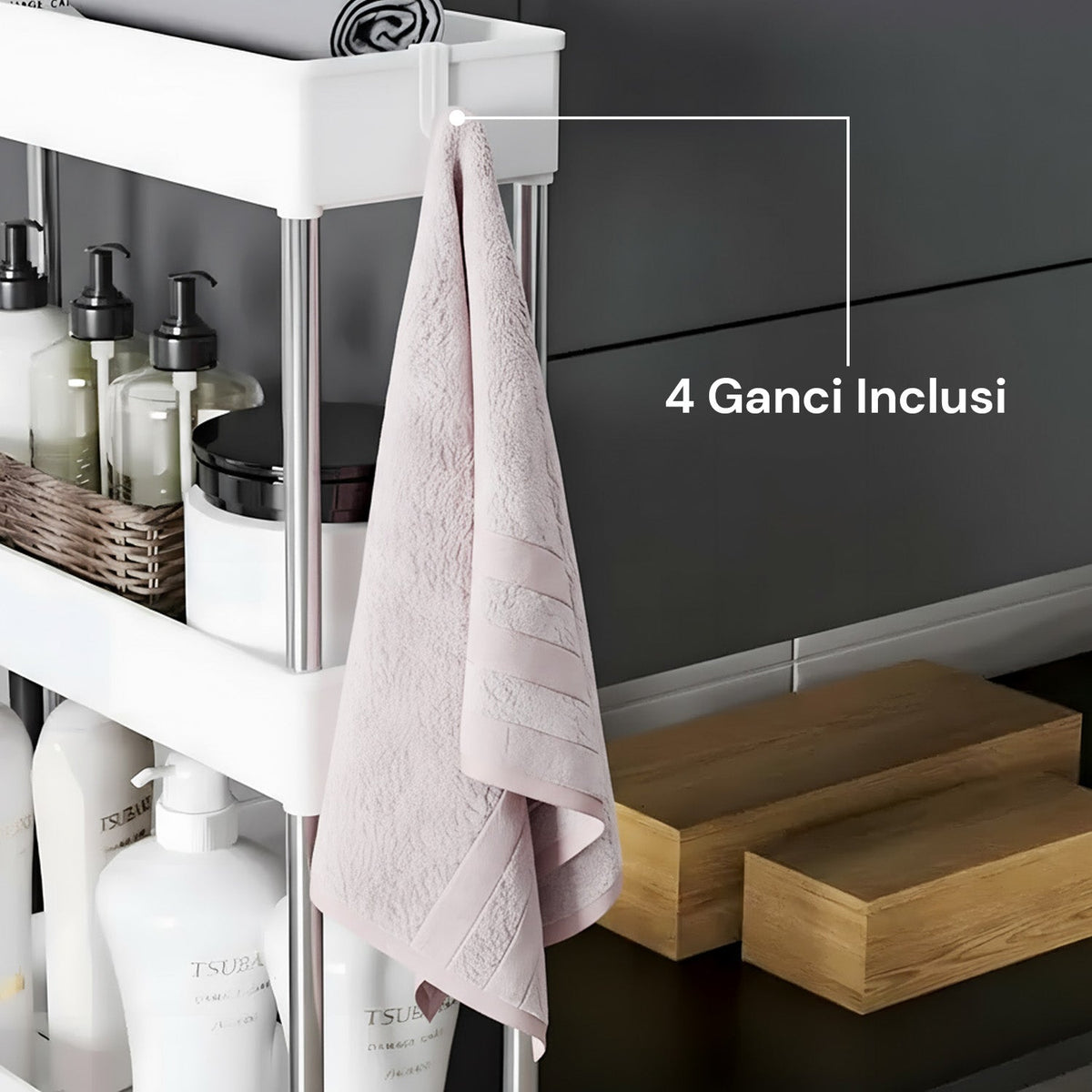 Carrello Multiuso Salvaspazio Bianco a 4 Ripiani per Cucina e Bagno con Ganci