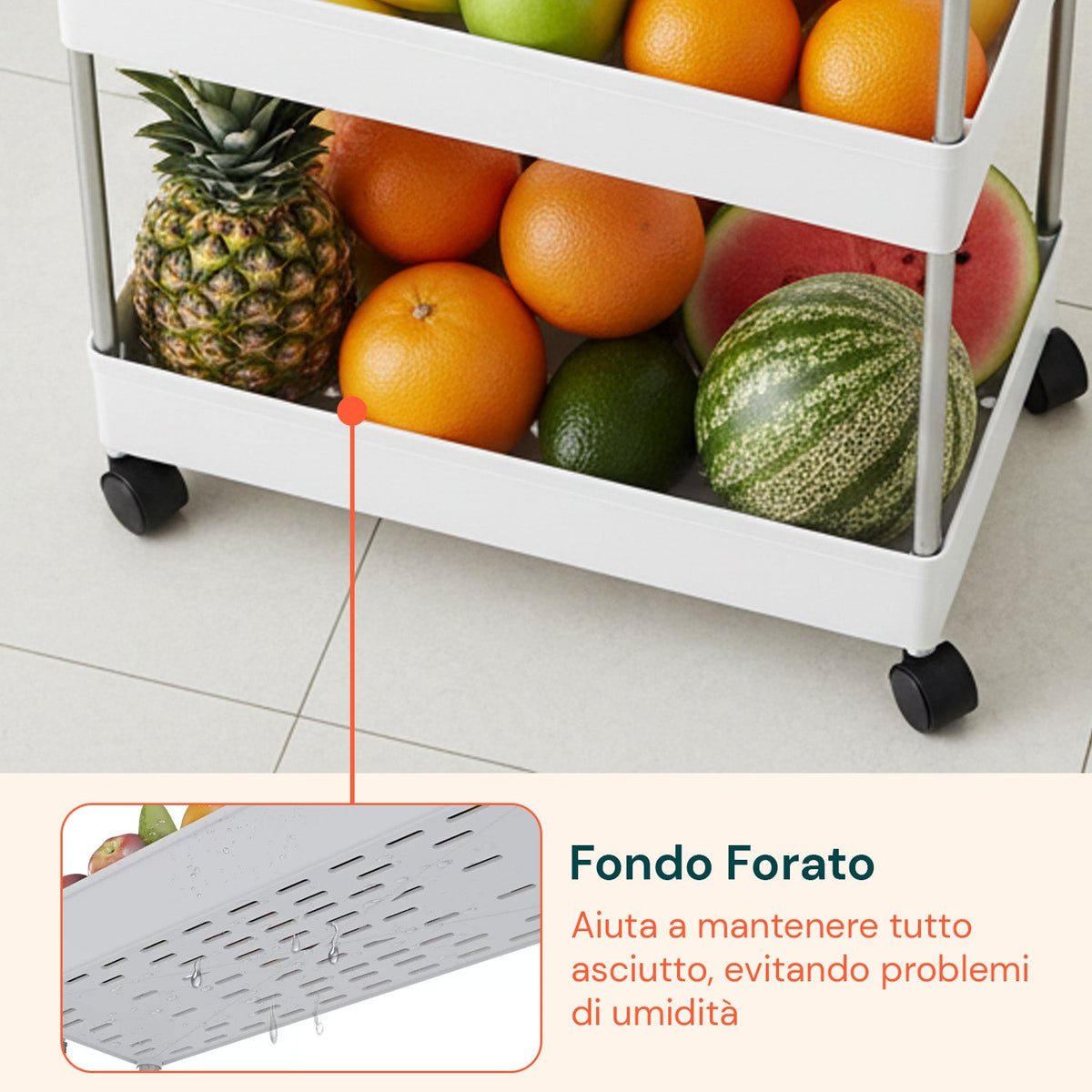 Carrello Multiuso Salvaspazio Bianco a 4 Ripiani per Cucina e Bagno con Ganci