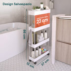 Carrello Multiuso Salvaspazio Bianco a 4 Ripiani per Cucina e Bagno con Ganci