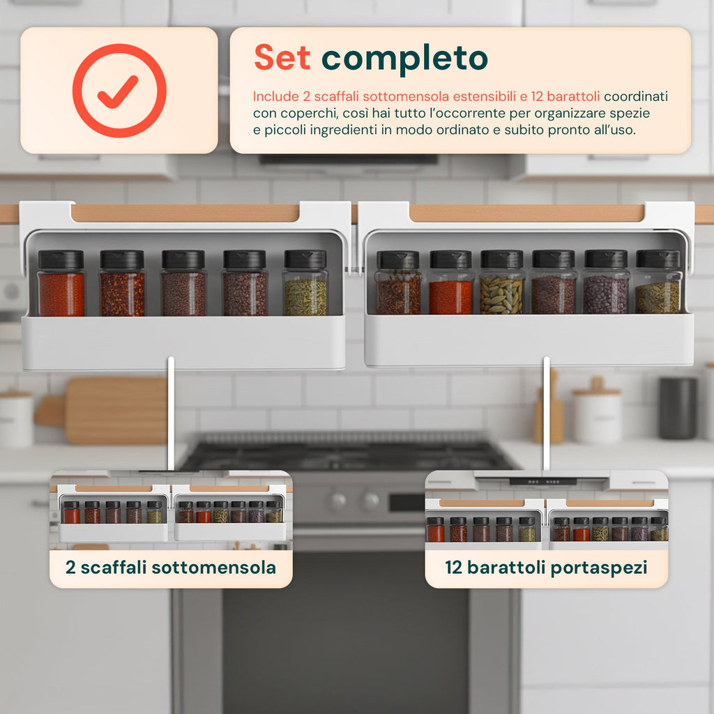 Organizer da cucina portaspezie – Set di 2 mensole con 6 barattoli in vetro inclusi