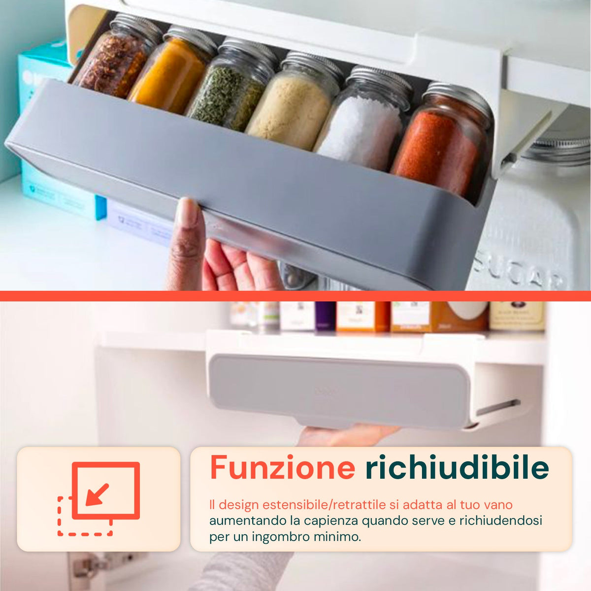 Organizer da cucina portaspezie – Set di 2 mensole con 6 barattoli in vetro inclusi