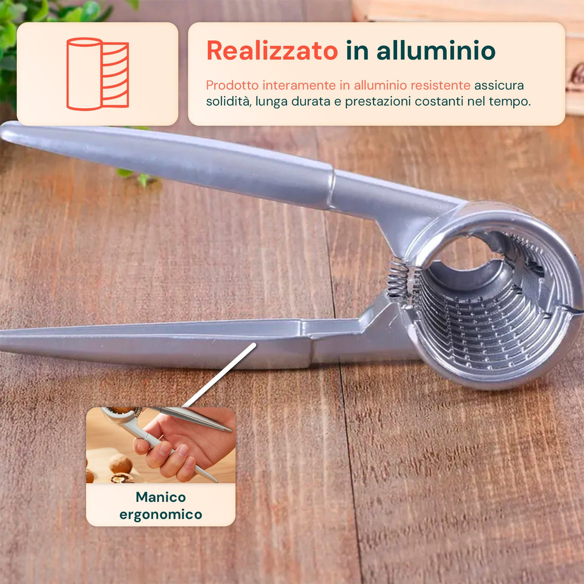 Schiaccianoci in alluminio ergonomico con molla integrata resistente