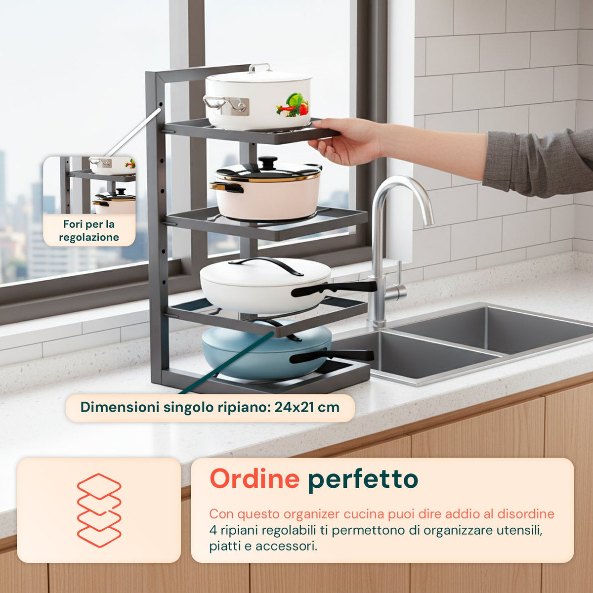 Organizer Cucina Salvaspazio con 4 Livelli Regolabili in Metallo Nero