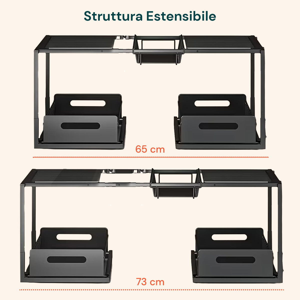 Organizer sottolavello cucina estensibile con 2 cassetti estraibili