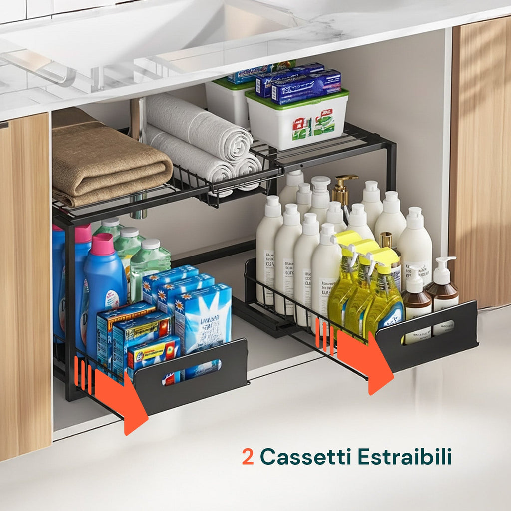 Organizer sottolavello cucina estensibile con 2 cassetti estraibili