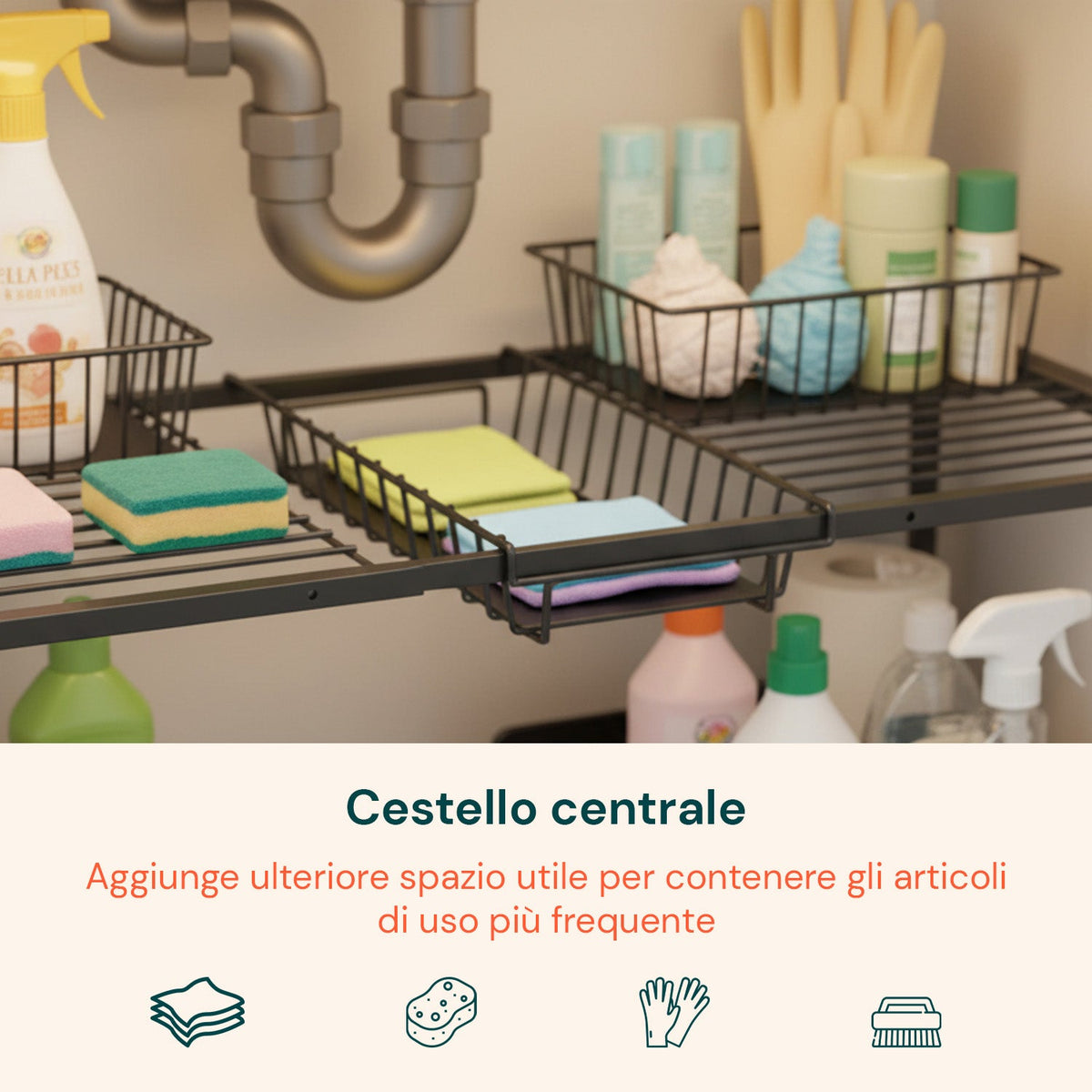 Organizer sottolavello cucina estensibile con 2 cassetti estraibili