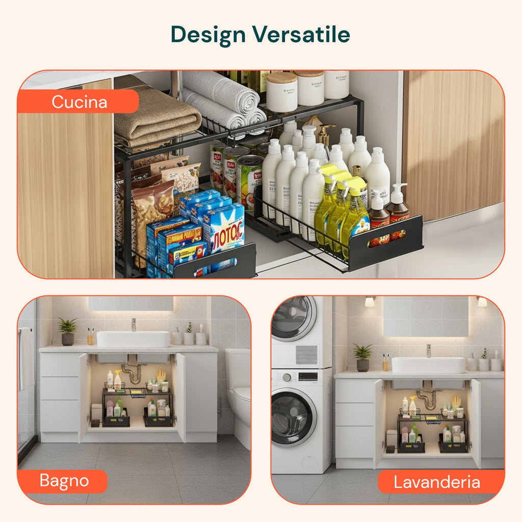 Organizer sottolavello cucina estensibile con 2 cassetti estraibili