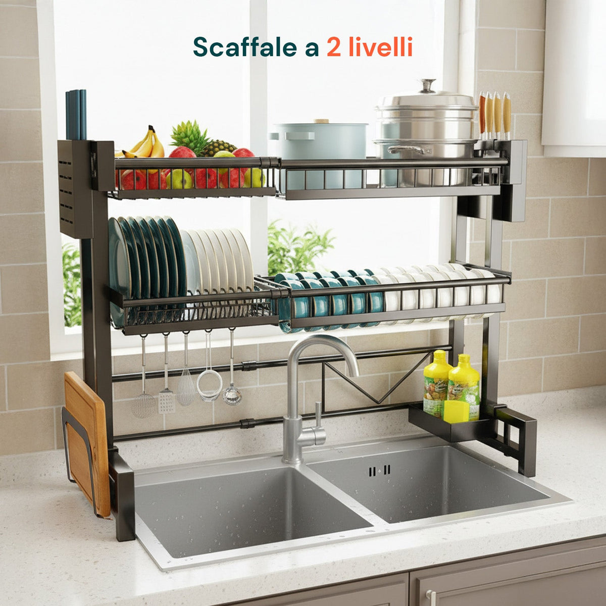 Organizer Cucina 2 Livelli Espandibile con Scolapiatti e Accessori Inclusi