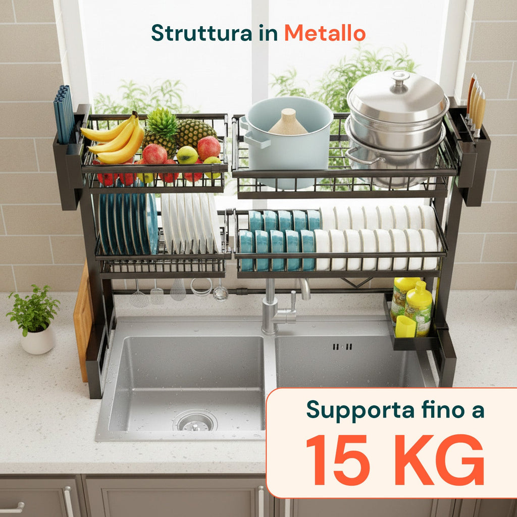 Organizer Cucina 2 Livelli Espandibile con Scolapiatti e Accessori Inclusi